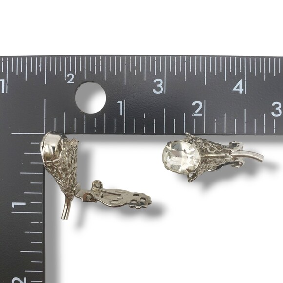 Silver Tone Filigree Oval Faceted Prong Set Rhinestone Clip On Earrings Floral - Picture 8 of 8